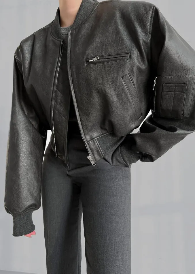 The Frankie Shop Gae Faux Leather Cropped Bomber 8211 Charcoal Women Clothing