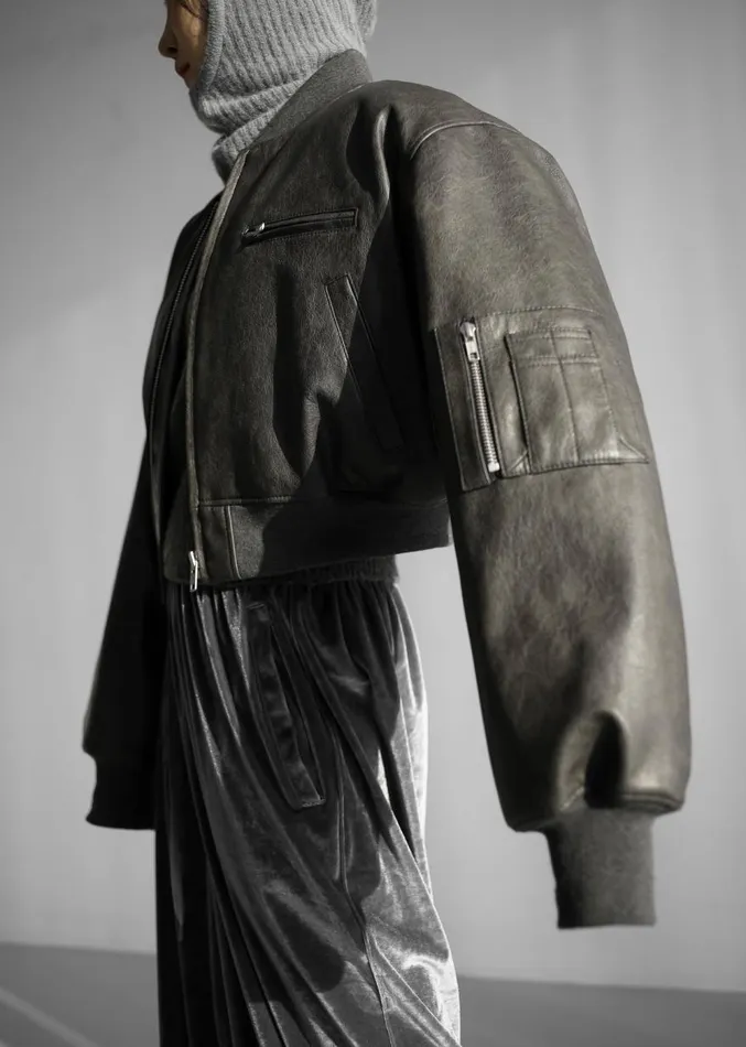 The Frankie Shop Gae Faux Leather Cropped Bomber 8211 Charcoal Women Clothing