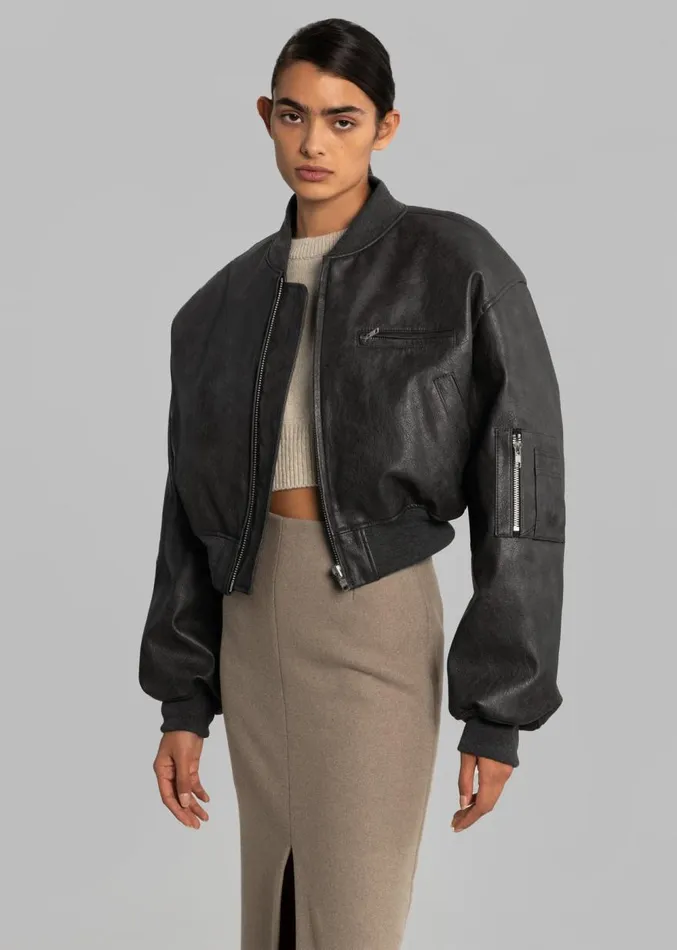 The Frankie Shop Gae Faux Leather Cropped Bomber 8211 Charcoal Women Clothing