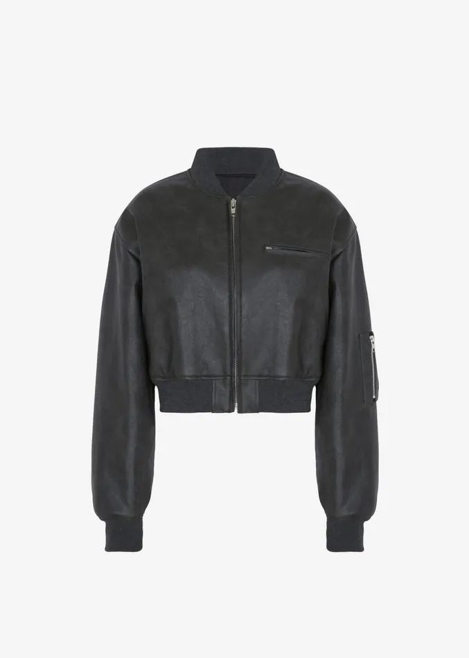 The Frankie Shop Gae Faux Leather Cropped Bomber 8211 Charcoal Women Clothing