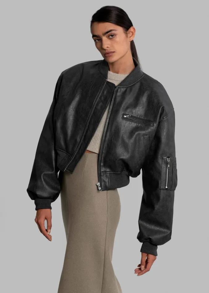 The Frankie Shop Gae Faux Leather Cropped Bomber 8211 Charcoal Women Clothing