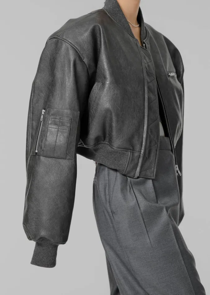 The Frankie Shop Gae Faux Leather Cropped Bomber 8211 Charcoal Women Clothing