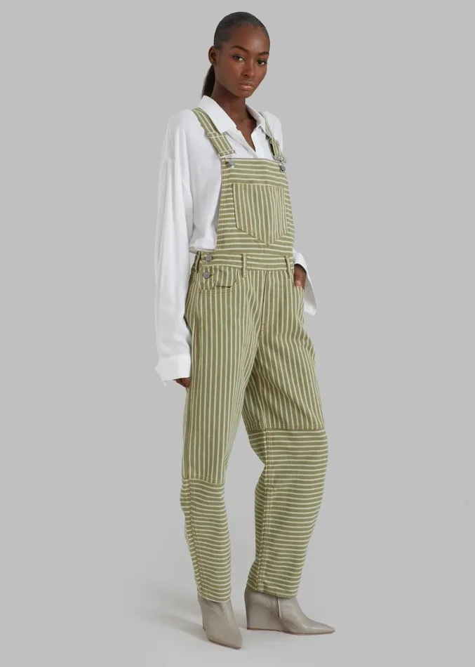 The Frankie Shop GANNI Stripe Denim Overalls 8211 Stripe Loden Green Women Jumpsuits