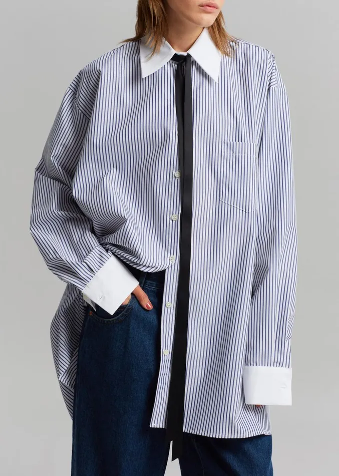 The Frankie Shop Jany TieNeck Shirt 8211 Blue Stripe Women Clothing
