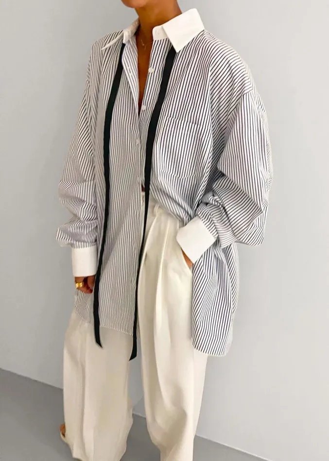 The Frankie Shop Jany TieNeck Shirt 8211 Blue Stripe Women Clothing