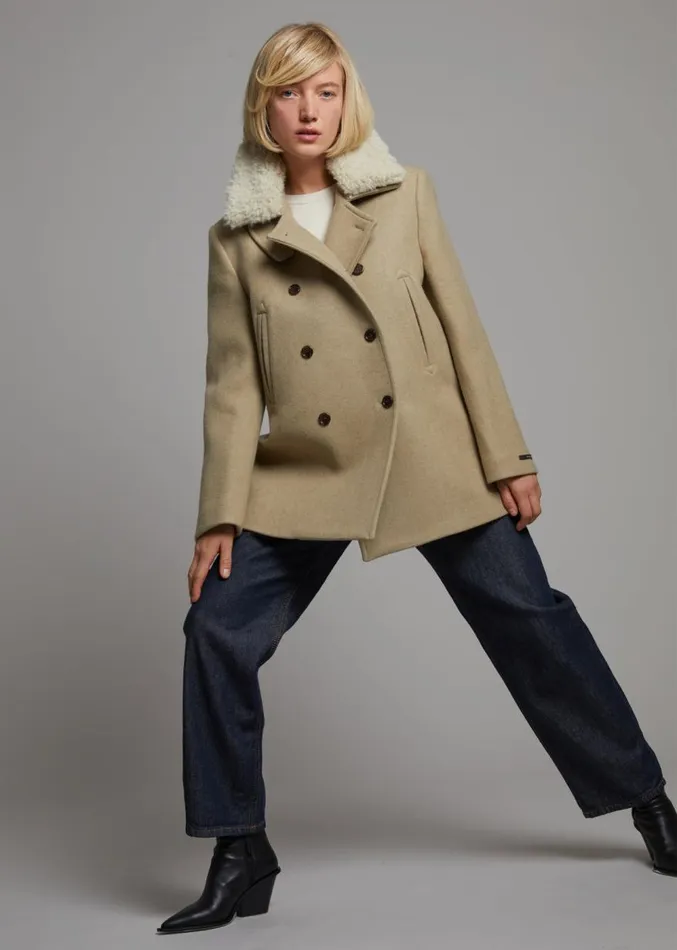The Frankie Shop Kimmo Faux Fur Collar Peacoat 8211 Beige Women Clothing
