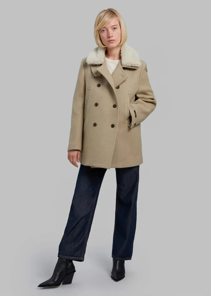 The Frankie Shop Kimmo Faux Fur Collar Peacoat 8211 Beige Women Clothing