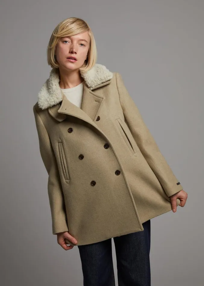 The Frankie Shop Kimmo Faux Fur Collar Peacoat 8211 Beige Women Clothing