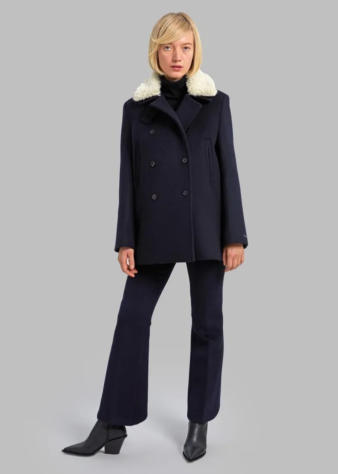 The Frankie Shop Kimmo Faux Fur Collar Peacoat 8211 Navy Women Clothing