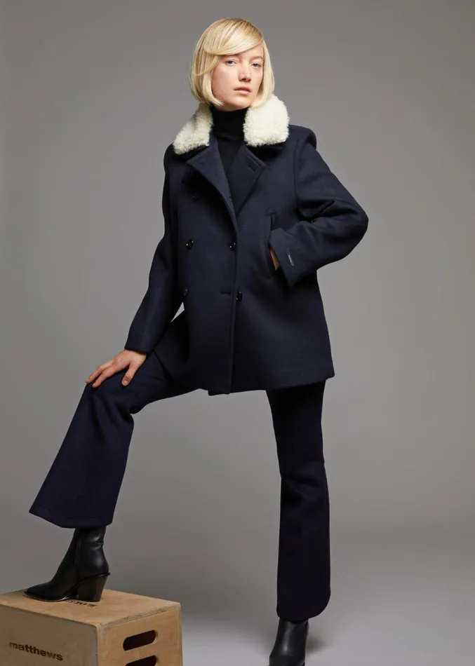 The Frankie Shop Kimmo Faux Fur Collar Peacoat 8211 Navy Women Clothing