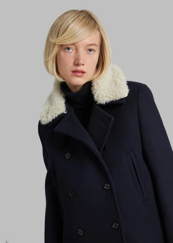 The Frankie Shop Kimmo Faux Fur Collar Peacoat 8211 Navy Women Clothing