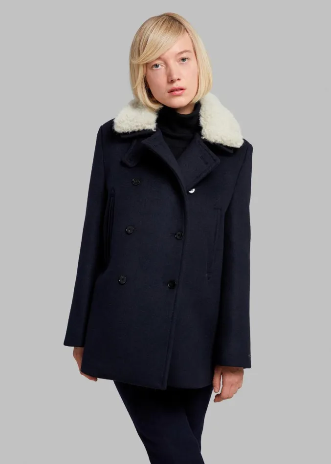 The Frankie Shop Kimmo Faux Fur Collar Peacoat 8211 Navy Women Clothing