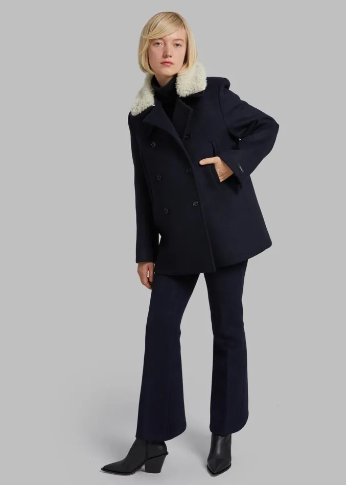 The Frankie Shop Kimmo Faux Fur Collar Peacoat 8211 Navy Women Clothing