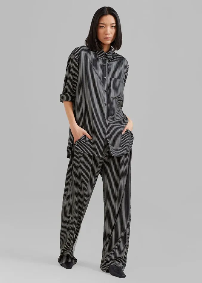 The Frankie Shop Lui Satin Shirt 8211 Black Pinstripe Women Clothing