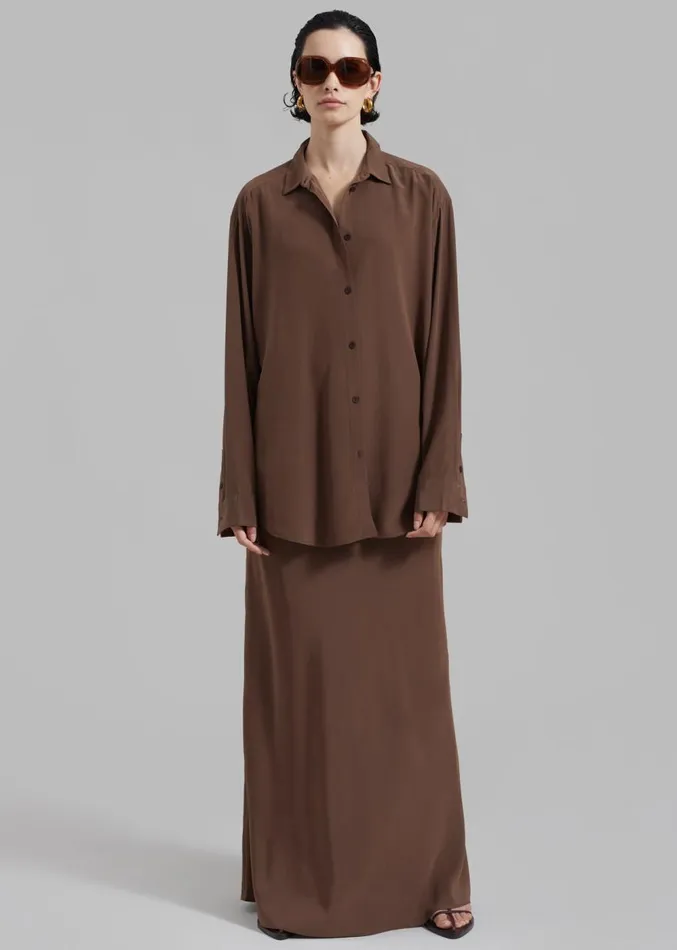 The Frankie Shop Matteau Long Sleeve Silk Shirt 8211 Sable Women Clothing