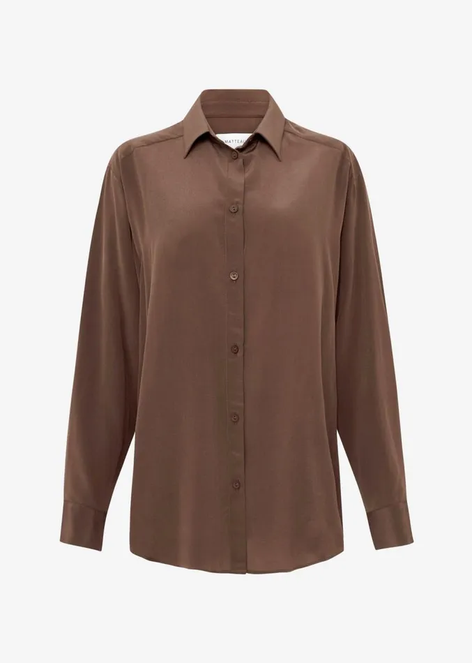 The Frankie Shop Matteau Long Sleeve Silk Shirt 8211 Sable Women Clothing