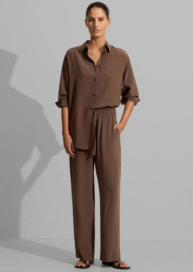 The Frankie Shop Matteau Long Sleeve Silk Shirt 8211 Sable Women Clothing
