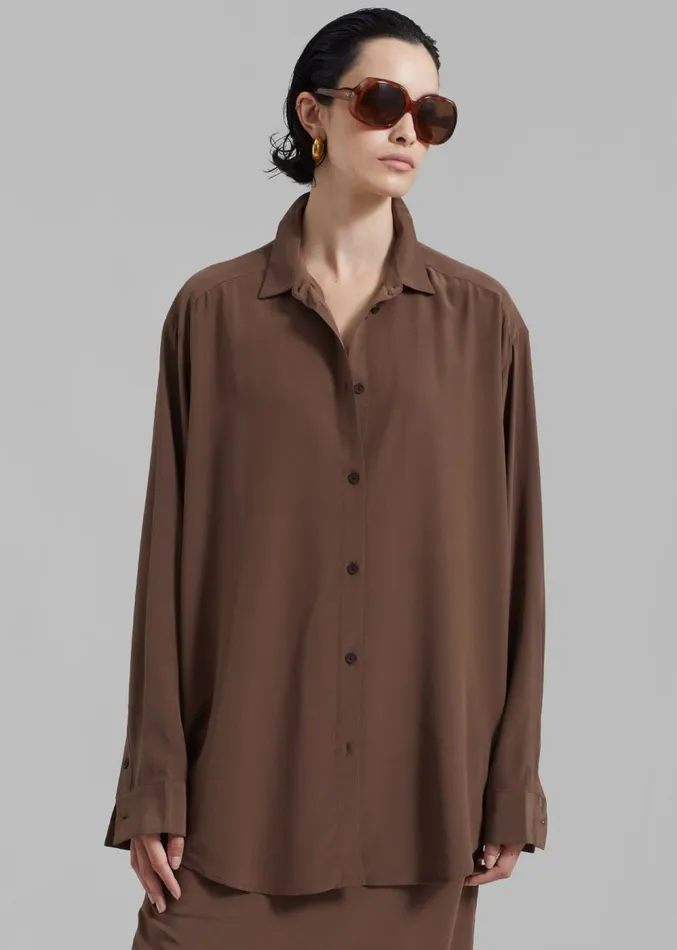 The Frankie Shop Matteau Long Sleeve Silk Shirt 8211 Sable Women Clothing