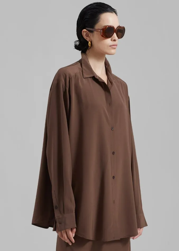 The Frankie Shop Matteau Long Sleeve Silk Shirt 8211 Sable Women Clothing