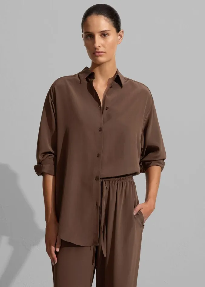 The Frankie Shop Matteau Long Sleeve Silk Shirt 8211 Sable Women Clothing