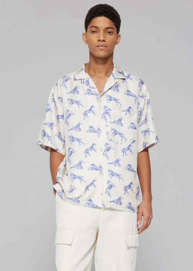 The Frankie Shop Rhe Silk Ballpoint Horse Shirt 8211 Horse Print Ballpoint Blue Men Clothing