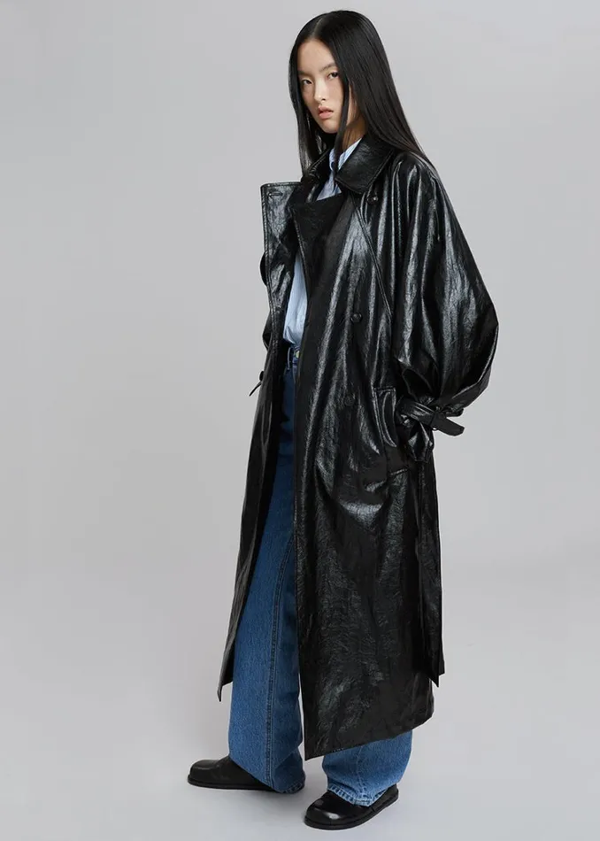 The Frankie Shop Reed Faux Leather Trench Coat 8211 Black Women Outerwear