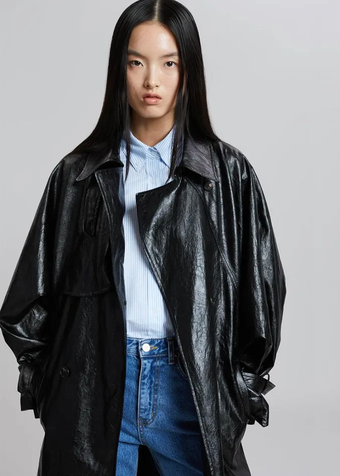 The Frankie Shop Reed Faux Leather Trench Coat 8211 Black Women Outerwear