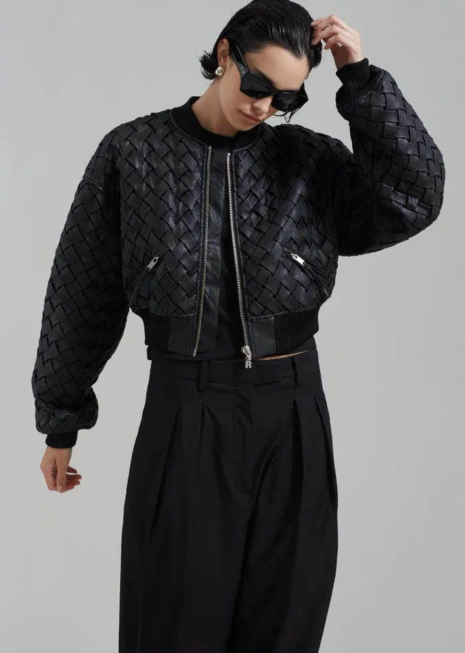 The Frankie Shop ROTATE Braided Bomber Jacket 8211 Black Women Outerwear