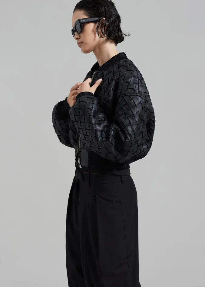 The Frankie Shop ROTATE Braided Bomber Jacket 8211 Black Women Outerwear