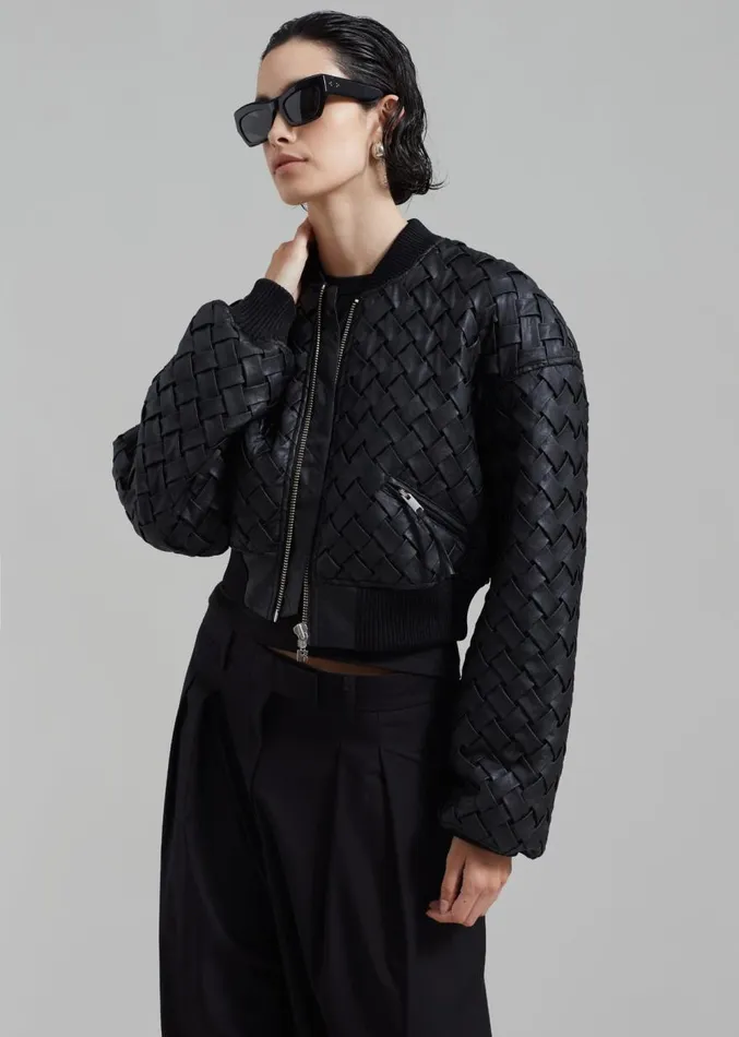 The Frankie Shop ROTATE Braided Bomber Jacket 8211 Black Women Outerwear