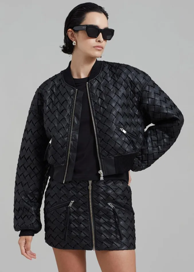 The Frankie Shop ROTATE Braided Bomber Jacket 8211 Black Women Outerwear