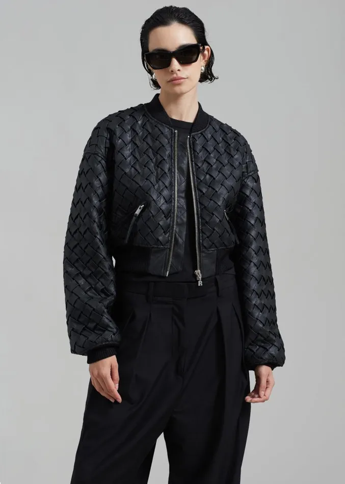 The Frankie Shop ROTATE Braided Bomber Jacket 8211 Black Women Outerwear