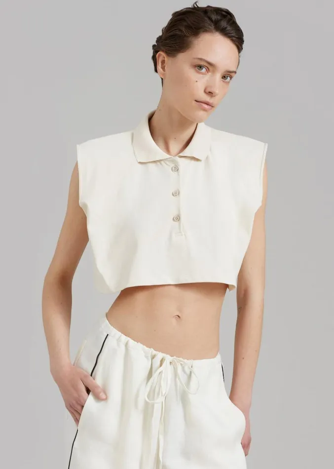 The Frankie Shop Serena Polo Padded Shoulders Boxy Top 8211 Beige Women Clothing