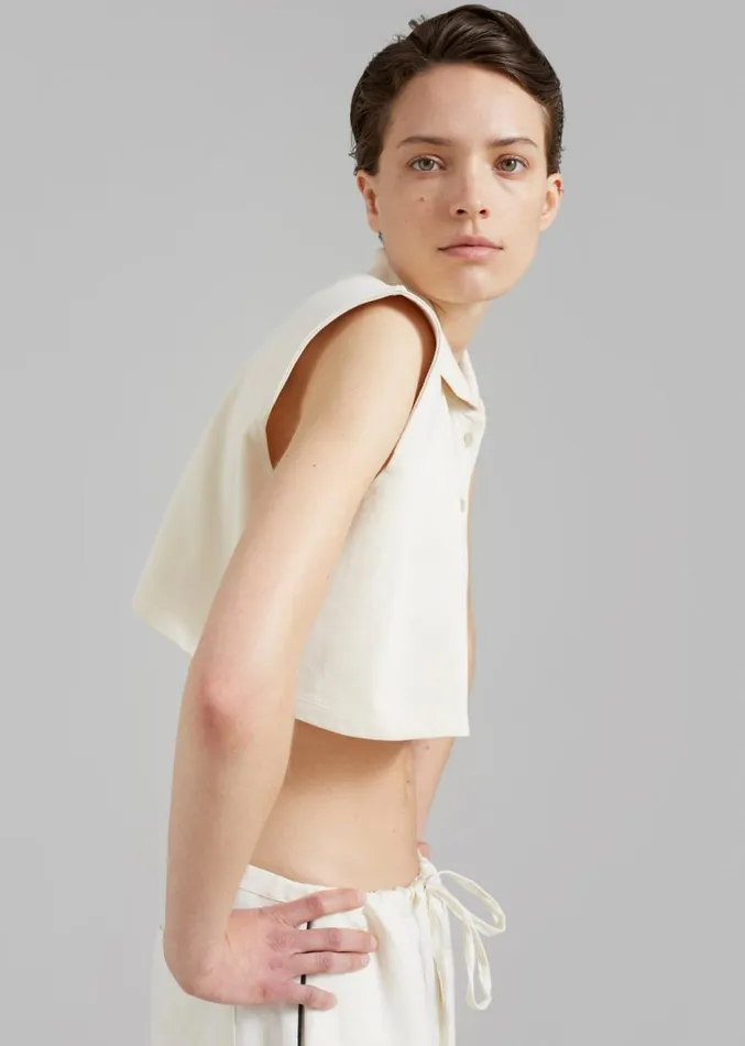 The Frankie Shop Serena Polo Padded Shoulders Boxy Top 8211 Beige Women Clothing