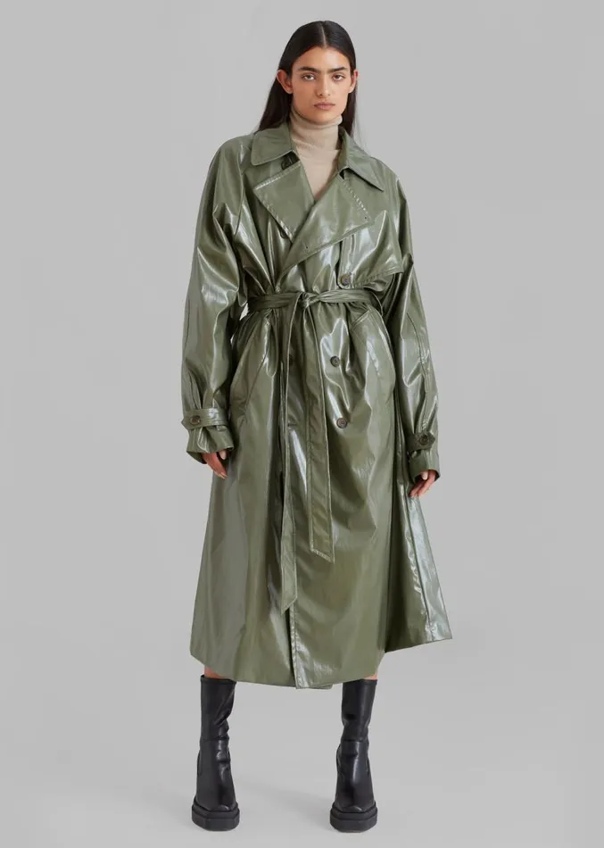 The Frankie Shop Sue Vinyl Trench Coat 8211 Green Women Outerwear