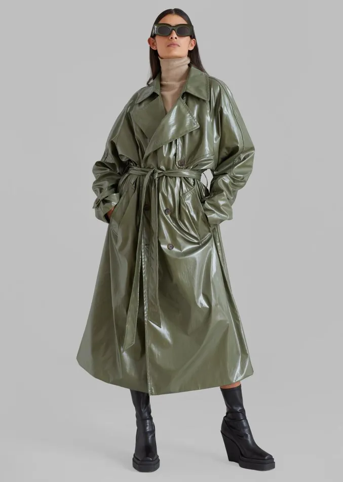 The Frankie Shop Sue Vinyl Trench Coat 8211 Green Women Outerwear