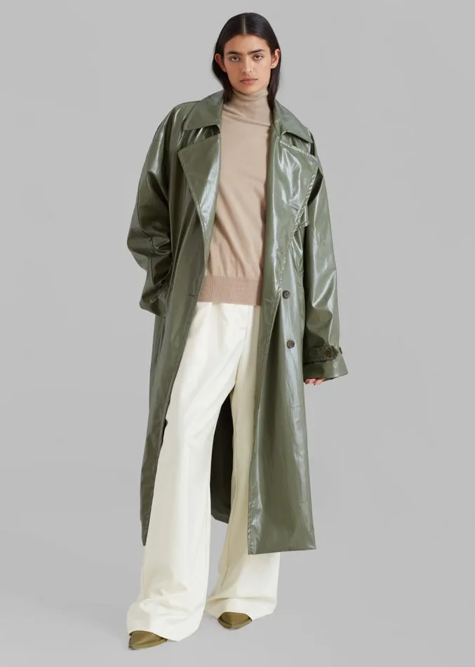 The Frankie Shop Sue Vinyl Trench Coat 8211 Green Women Outerwear