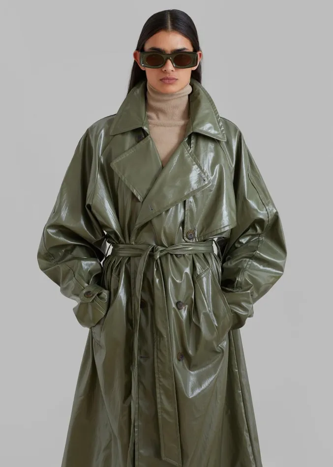 The Frankie Shop Sue Vinyl Trench Coat 8211 Green Women Outerwear