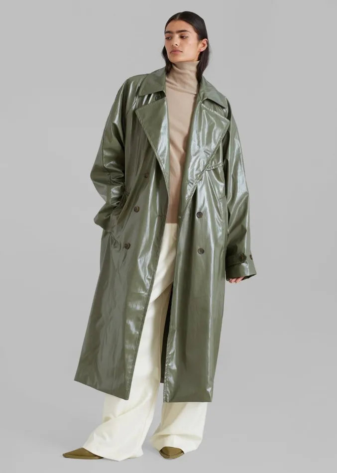 The Frankie Shop Sue Vinyl Trench Coat 8211 Green Women Outerwear