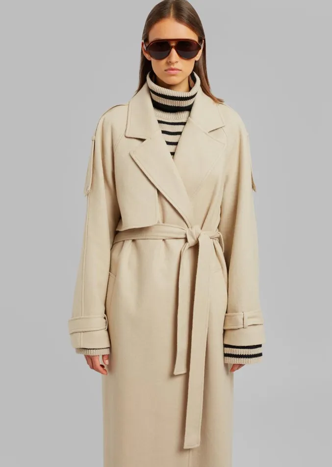 The Frankie Shop Suzanne Boiled Wool Trench Coat 8211 Beige Women Clothing