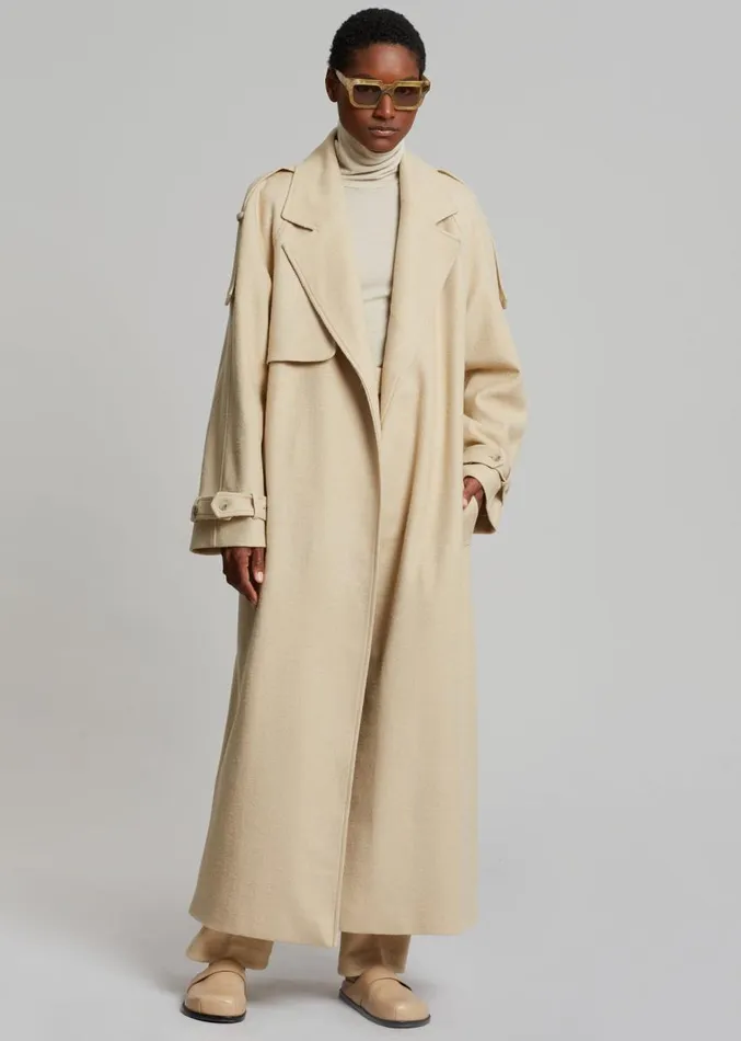 The Frankie Shop Suzanne Boiled Wool Trench Coat 8211 Beige Women Clothing