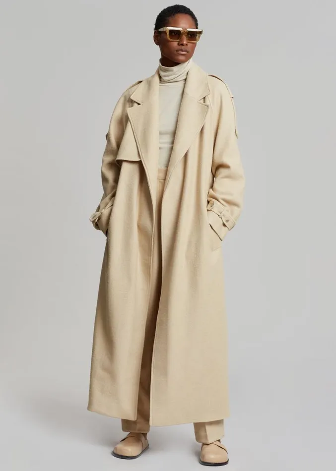The Frankie Shop Suzanne Boiled Wool Trench Coat 8211 Beige Women Clothing