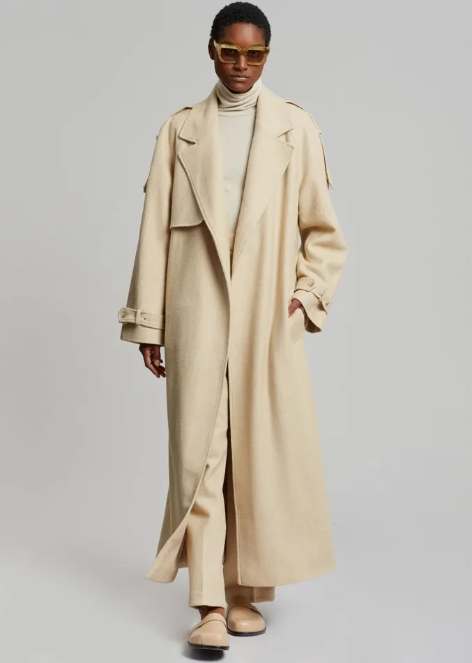 The Frankie Shop Suzanne Boiled Wool Trench Coat 8211 Beige Women Clothing