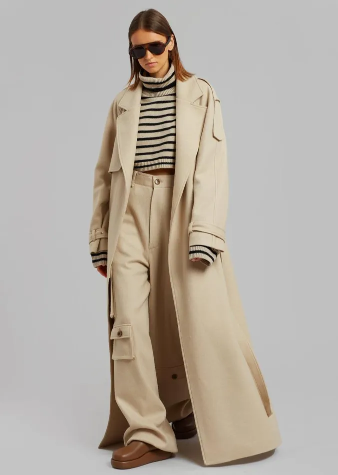 The Frankie Shop Suzanne Boiled Wool Trench Coat 8211 Beige Women Clothing