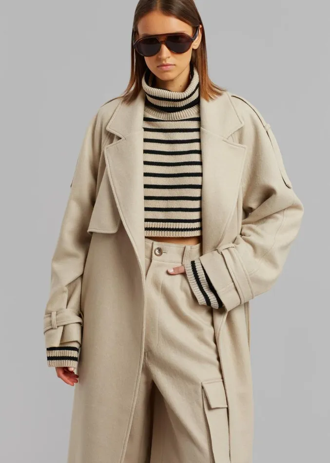 The Frankie Shop Suzanne Boiled Wool Trench Coat 8211 Beige Women Clothing