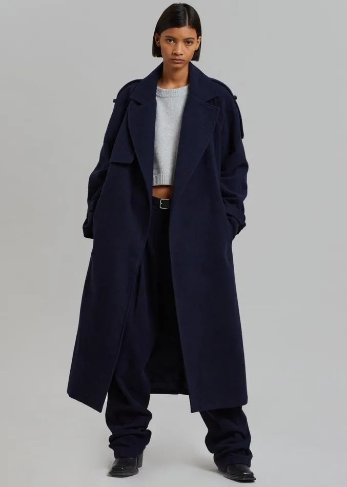 The Frankie Shop Suzanne Wool Trench Coat 8211 Navy Women Clothing
