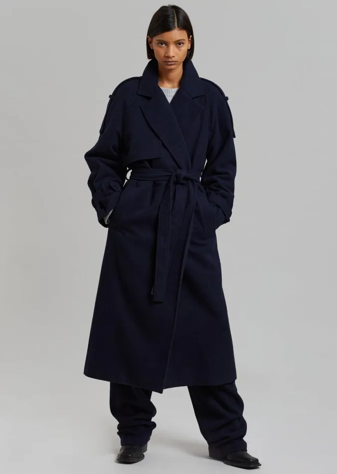 The Frankie Shop Suzanne Wool Trench Coat 8211 Navy Women Clothing