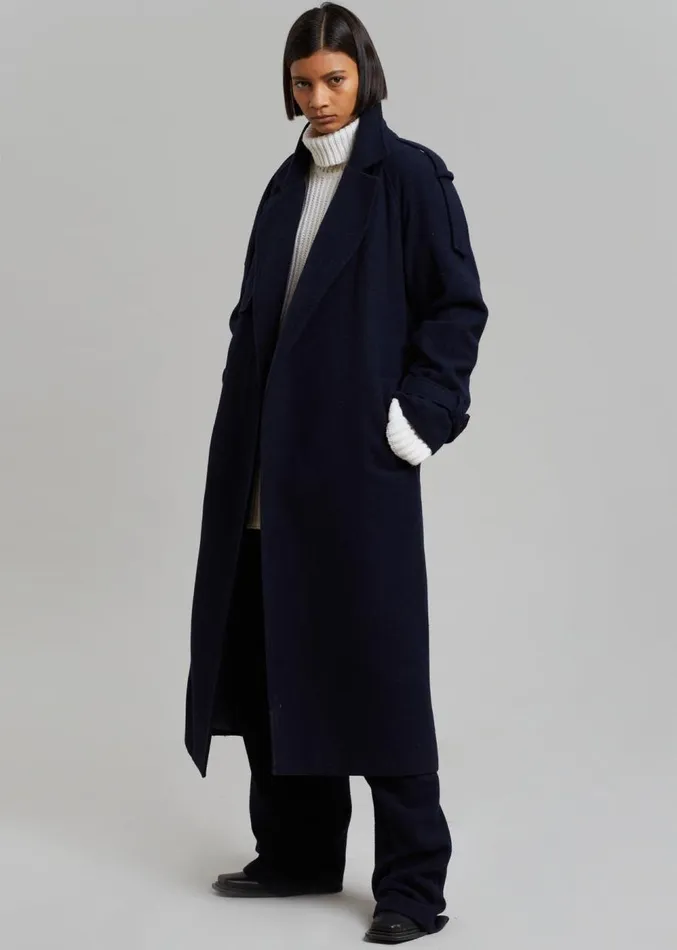 The Frankie Shop Suzanne Wool Trench Coat 8211 Navy Women Clothing