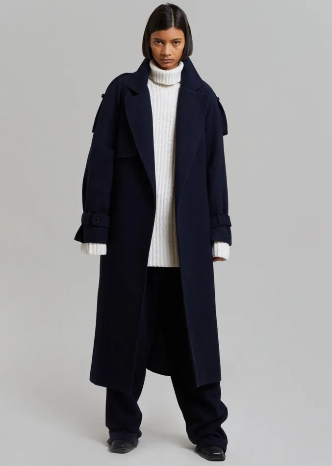The Frankie Shop Suzanne Wool Trench Coat 8211 Navy Women Clothing