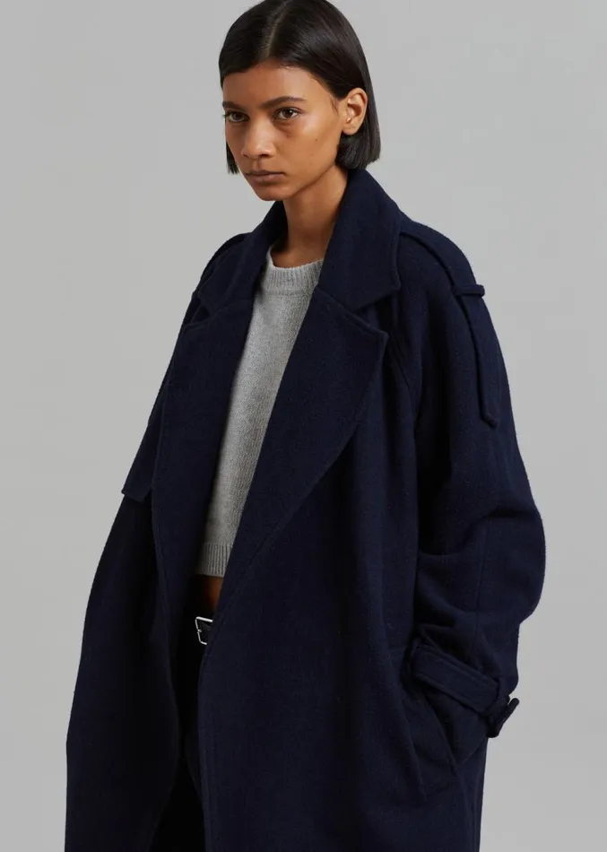 The Frankie Shop Suzanne Wool Trench Coat 8211 Navy Women Clothing